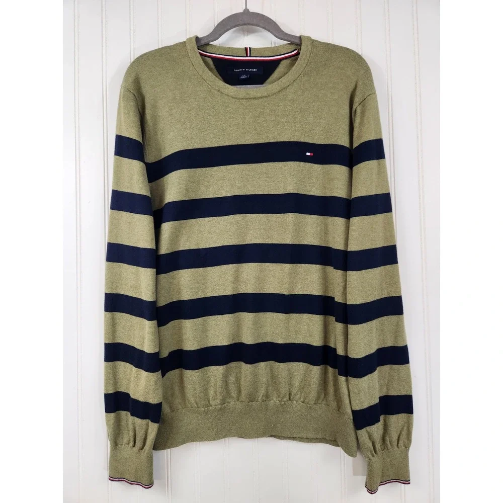 Tommy Hilfiger Mens Striped Crewneck Sweater Olive Green Cotton Large Preppy